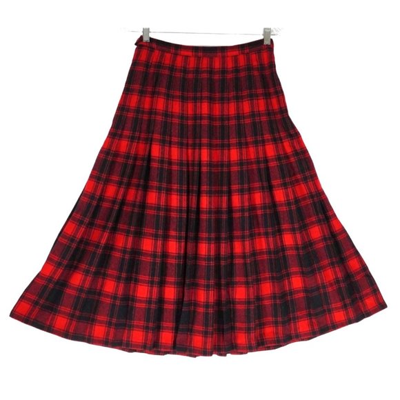 Vintage Pendleton Skirt Wool Pleated Plaid Red Black School Girl Turnabout Midi